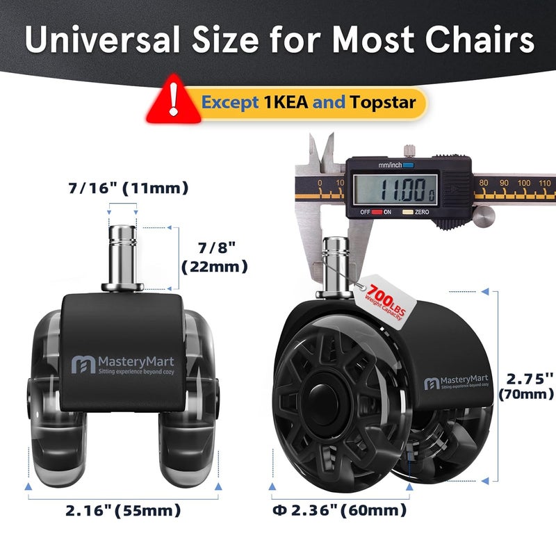 Mastery Mart Office Chair Wheels Replacement, 2.5 Inch Heavy Duty Caster Set, for Carpet and Hardwood Floors, Universal Size 11x22mm, Fits 99%, Black - Image 2